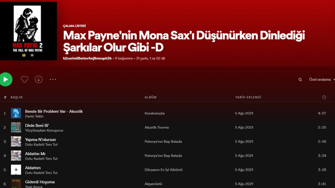 Max Payne'nin Mona Sax'ı düşünürken dinlediği şarkılar olur gibi