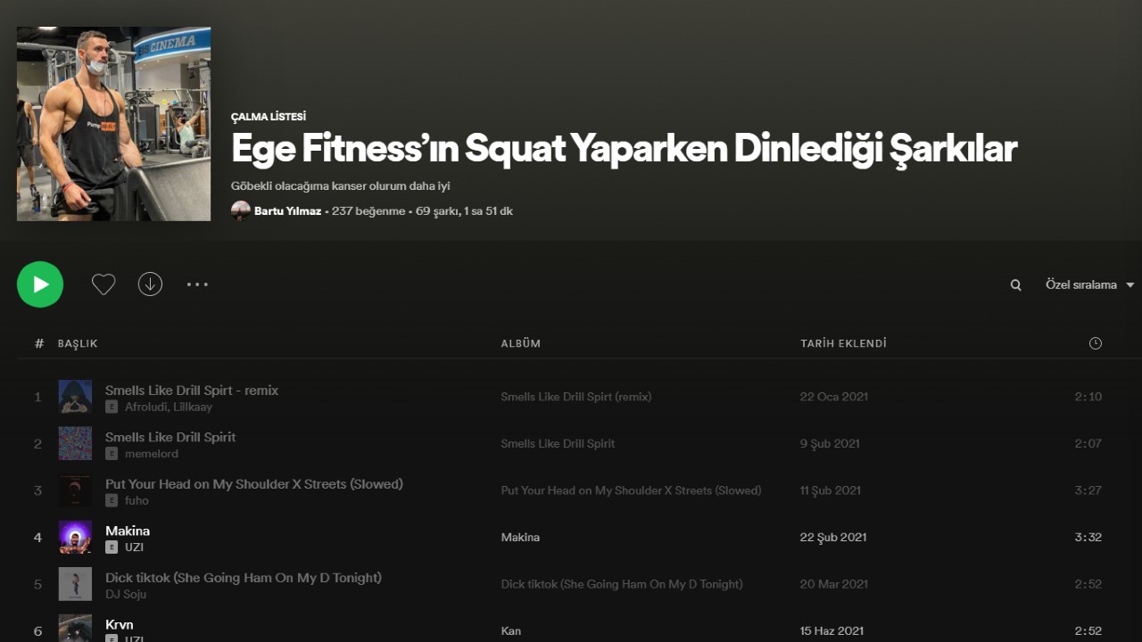 Ege Fitness’ın squat yaparken dinlediği şarkılar